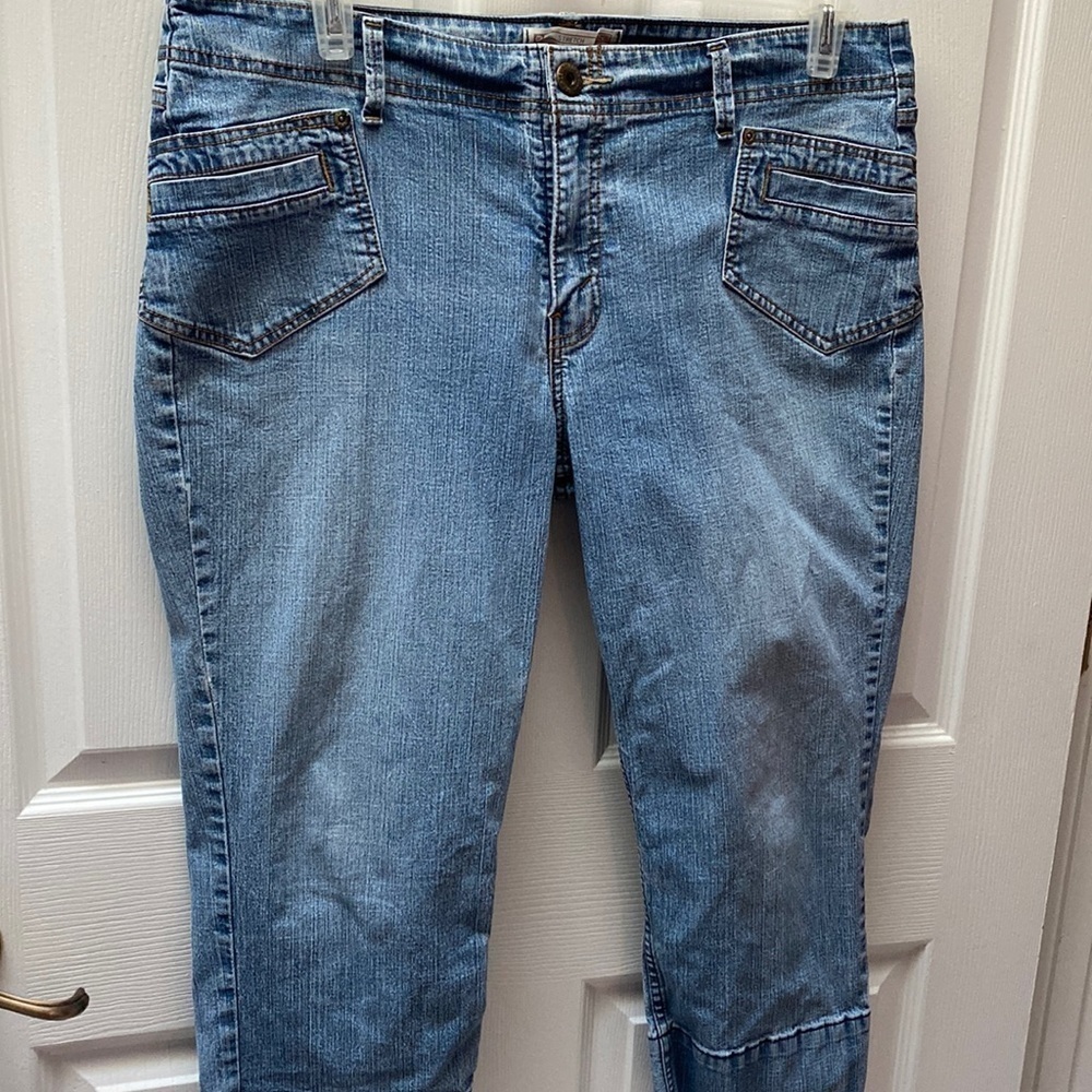O womens Levi Strauss stretch solid blue denim capri dungarees size 16